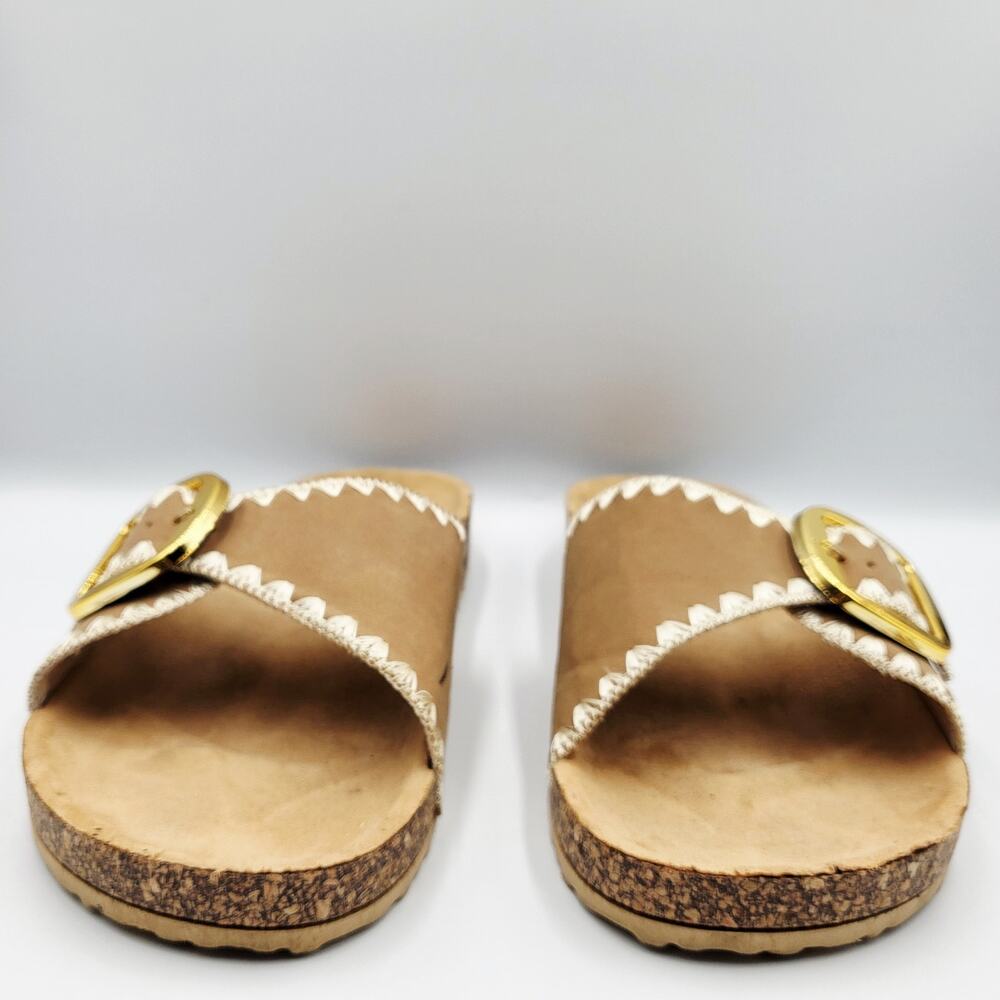 Sole Mates Tan Faux Suede Embroidered Goldtone Buckle Slip On Slides Women’s 10